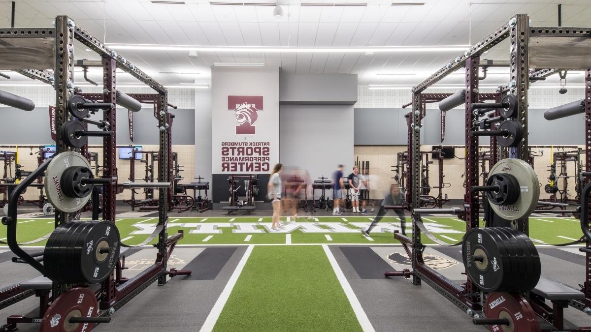 A view of the weight racks in the Stumberg Performance Center