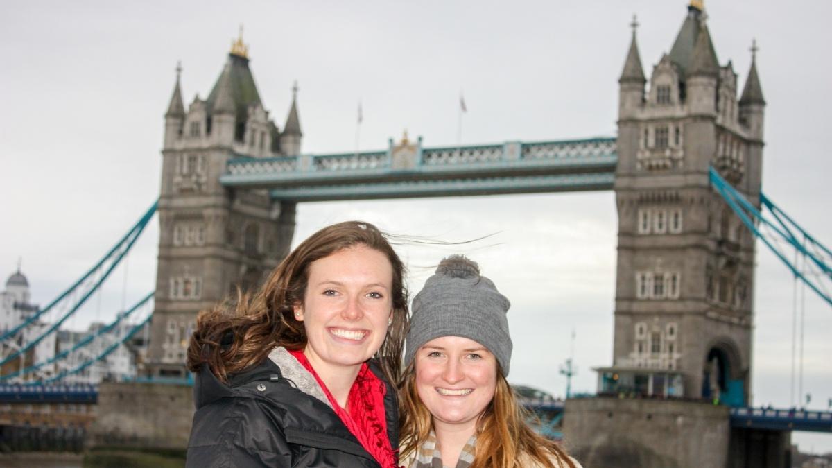 Students in front of Tower Bridge during a winter trip to London