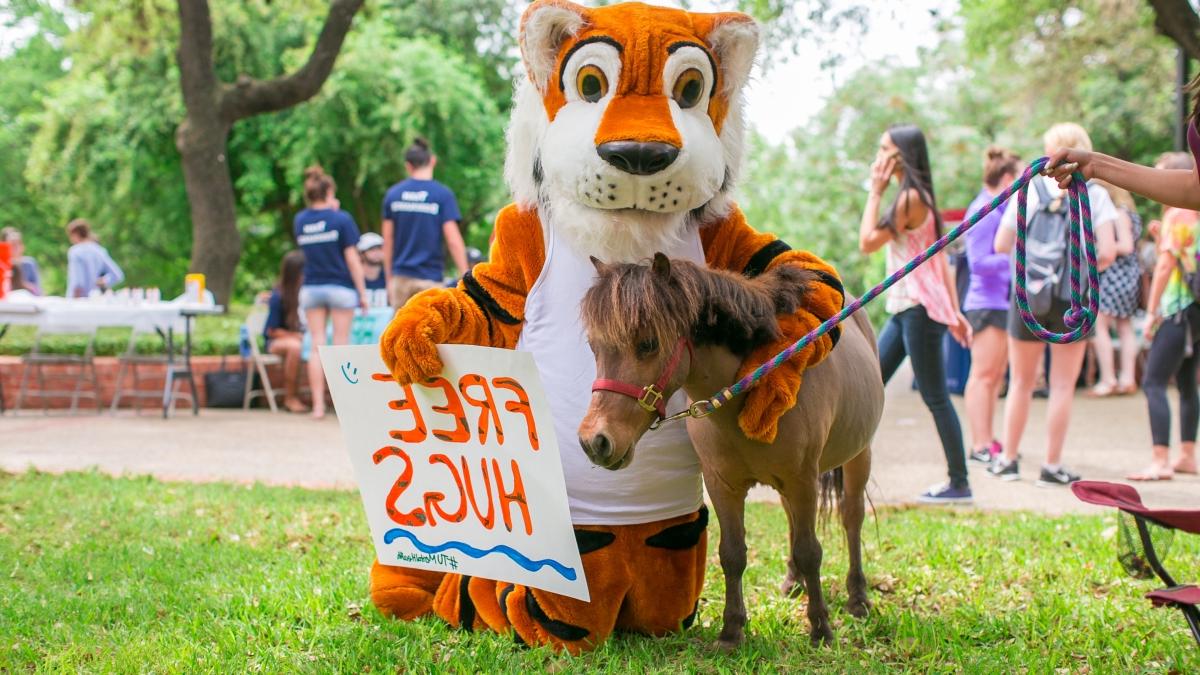 LeeRoy the Tiger poses with a "Free Hugs" sign and a service animal on the Esplanade